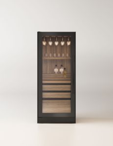 Luxury wine cooler with wooden shelves and glass door, TECA COLLECTION style.