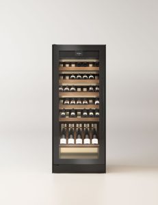 Luxury wine cooler from TECA COLLECTION with glass door and wooden shelves.