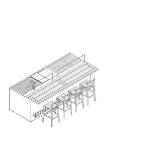 Modern table and snack system with bar stools in a sleek design.
